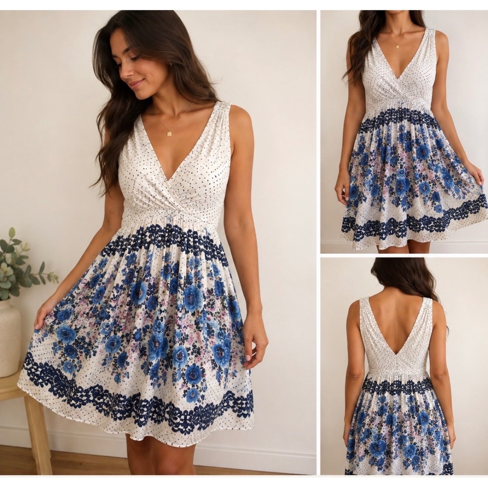 Aryeh Sleeveless Floral Dress Size Large Blue White Polka Dot Boho Empire Waist